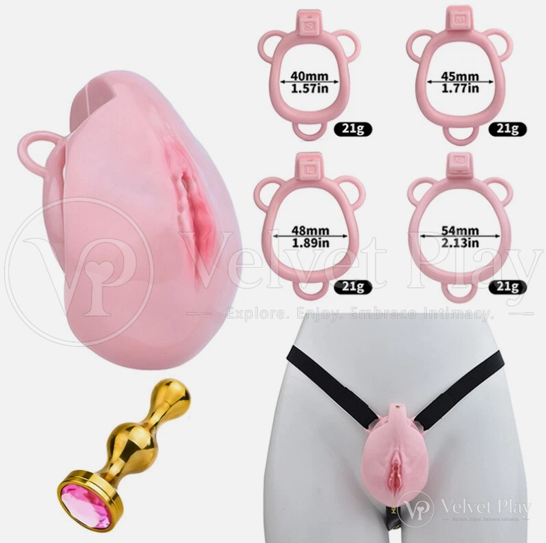 Pink Resin Cock Cage With Strap Lock And Anal Plug