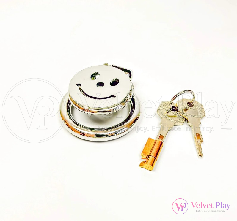 Smiling Face Locking Cock Stainless Steel Chastity Cage 